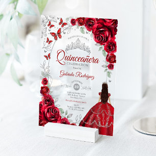 Invitaciones Acrílicas Quinceañera Rojo Floral Plata
