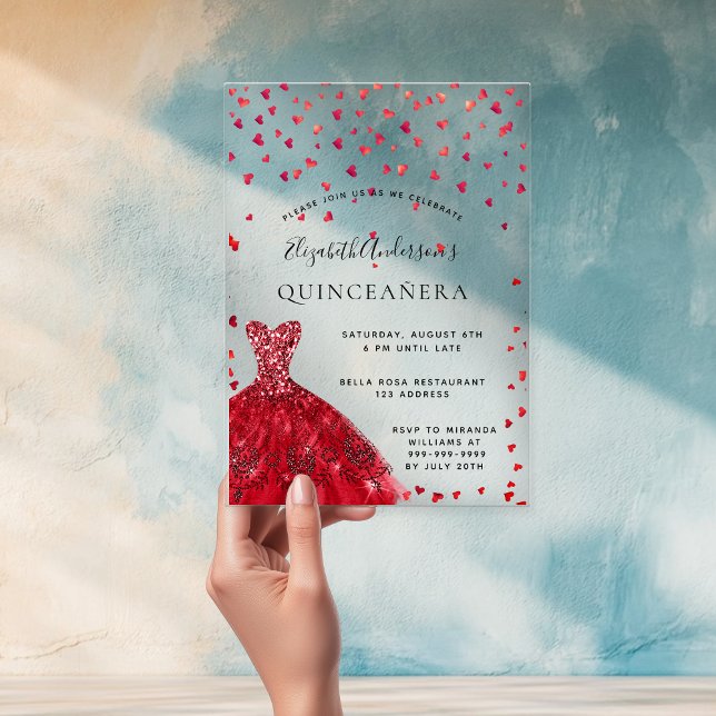 Invitaciones Acrílicas Quinceanera ropa roja despejar los corazones (Subido por el creador)