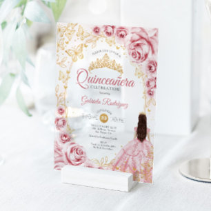 Invitaciones Acrílicas Quinceañera Rosa Dorado Floral