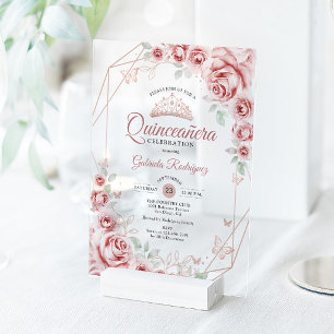 Invitaciones Acrílicas Quinceañera Rosa Dorado Floral Rosa
