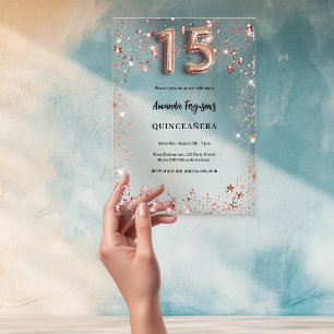 Invitaciones Acrílicas Quinceanera rosa estrellas del oro fiesta claro
