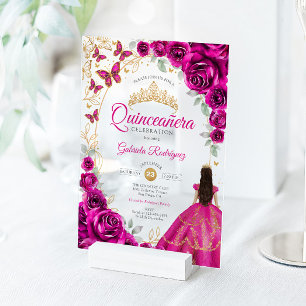 Invitaciones Acrílicas Quinceañera Rosa Fucsia Dorado Floral