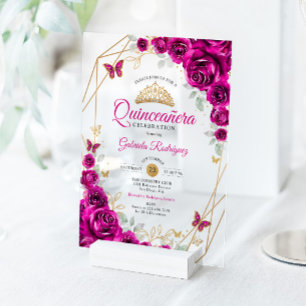 Invitaciones Acrílicas Quinceañera Rosa Fucsia Dorado Floral