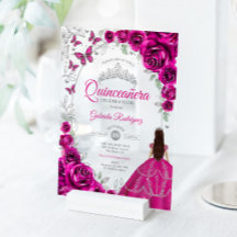 Quinceañera Rosa Fucsia Floral Plateada