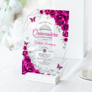 Invitaciones Acrílicas Quinceañera Rosa Fucsia Floral Plateada