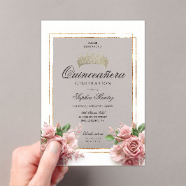 Invitaciones Acrílicas Quinceañera Rosa Rosa Crown de oro
