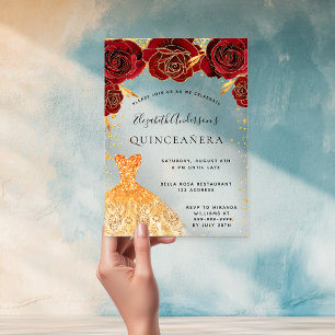Invitaciones Acrílicas Quinceanera rosas rojas vestido de oro purpurina t