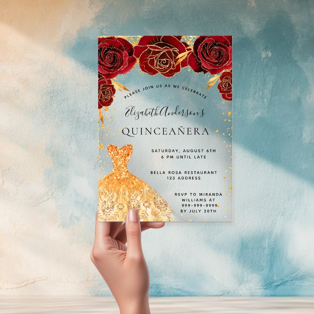 Invitaciones Acrílicas Quinceanera rosas rojas vestido de oro purpurina t (Subido por el creador)