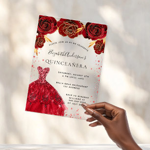 Invitaciones Acrílicas Quinceanera rosas rojas vestido purpurina claro