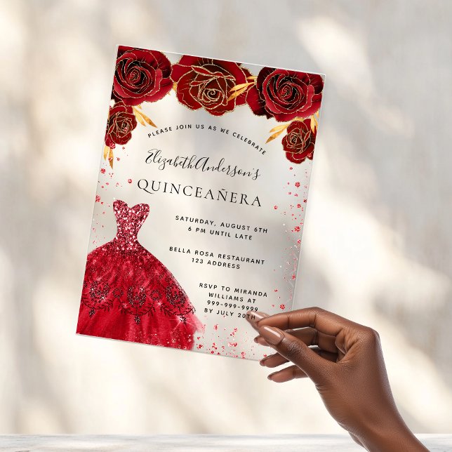 Invitaciones Acrílicas Quinceanera rosas rojas vestido purpurina claro (Subido por el creador)