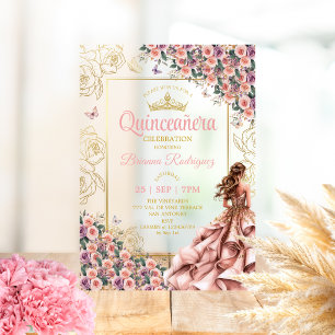 Invitaciones Acrílicas Quinceañera Rosas Rosadas Rubor Dorado 