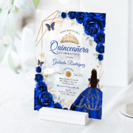 Invitaciones Acrílicas Quinceanera Royal Blue Gold Dress