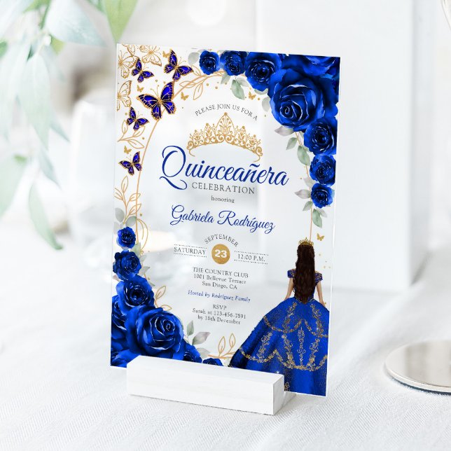 Invitaciones Acrílicas Quinceanera Royal Blue Gold Floral (Subido por el creador)