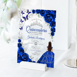 Invitaciones Acrílicas Quinceanera Royal Blue Silver Floral