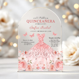 Invitaciones Acrílicas Quinceañera Rubor Mariposa Floral Rosa Rosa Rosada