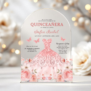 Invitaciones Acrílicas Quinceañera Rubor Mariposa Floral Rosa Rosa Rosada
