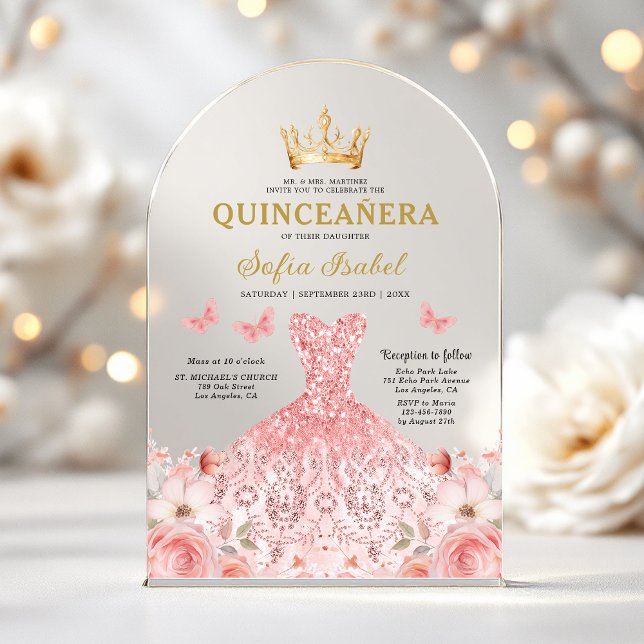 Invitaciones Acrílicas Quinceañera Rubor Mariposa Floral Rosa Rosa Rosada (Subido por el creador)