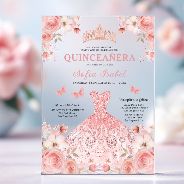 Invitaciones Acrílicas Quinceañera Rubor Mariposa Floral Rosa Rosa Rosada (Subido por el creador)