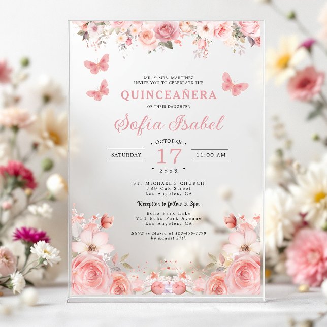 Invitaciones Acrílicas Quinceañera Rubor Mariposa Floral Rosa Rosa Rosada (Subido por el creador)
