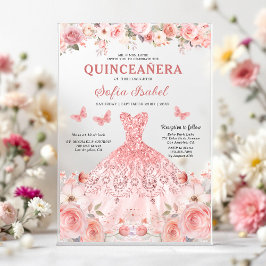Invitaciones Acrílicas Quinceañera Rubor Mariposa Floral Rosa Rosa Rosada