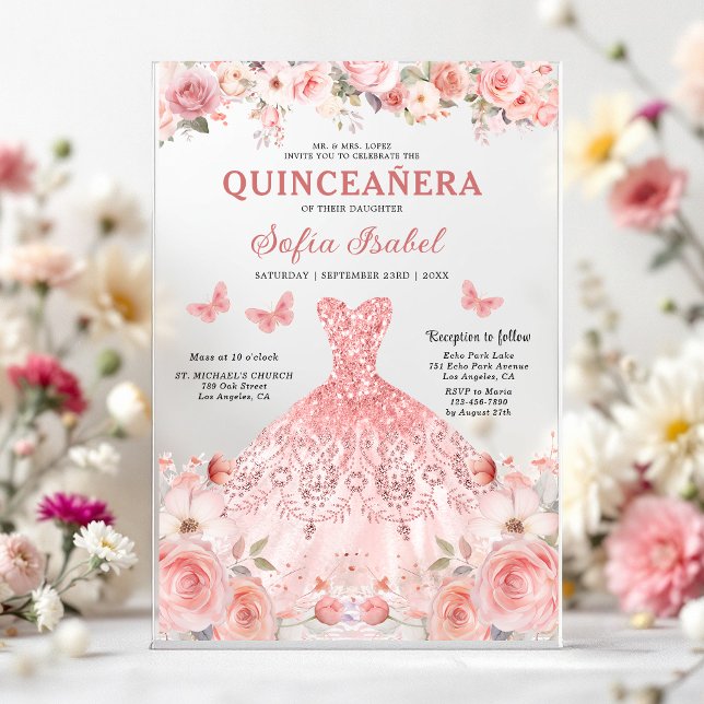 Invitaciones Acrílicas Quinceañera Rubor Mariposa Floral Rosa Rosa Rosada (Subido por el creador)