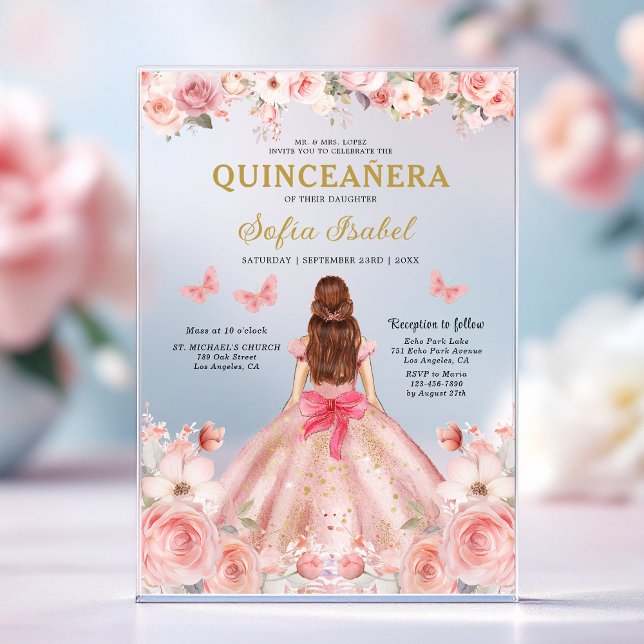 Invitaciones Acrílicas Quinceañera Rubor Mariposa Floral Rosa Rosa Rosada (Subido por el creador)