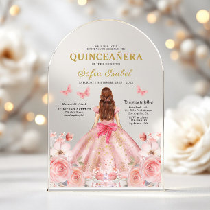 Invitaciones Acrílicas Quinceañera Rubor Rosa Floral Mariposa