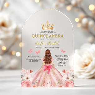 Invitaciones Acrílicas Quinceañera Rubor Rosa Floral Mariposa