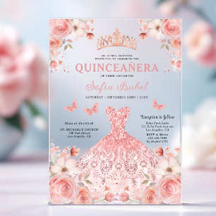 Invitaciones Acrílicas Quinceañera Rubor Rosa Floral Mariposa