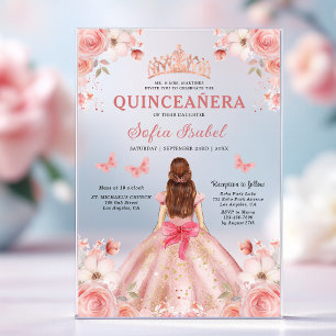 Invitaciones Acrílicas Quinceañera Rubor Rosa Floral Mariposa