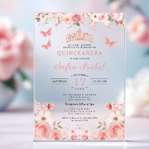 Invitaciones Acrílicas Quinceañera Rubor Rosa Floral Mariposa