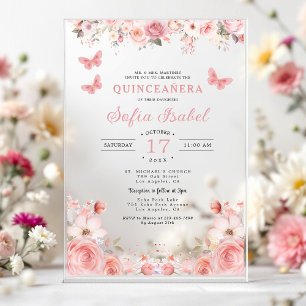 Invitaciones Acrílicas Quinceañera Rubor Rosa Floral Mariposa