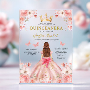 Invitaciones Acrílicas Quinceañera Rubor Rosa Floral Mariposa