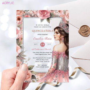 Invitaciones Acrílicas Quinceañera Rubor Rosas rosados de plata vestidos 