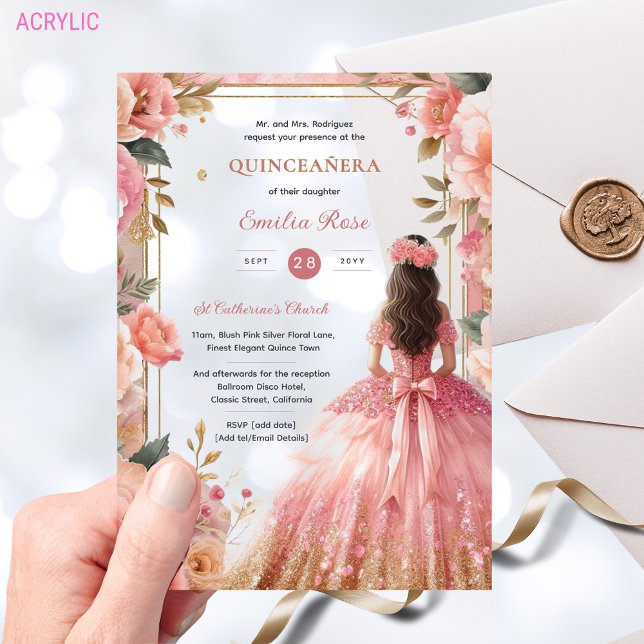 Invitaciones Acrílicas Quinceañera Rubor Rosas rosados de plata vestidos  (Subido por el creador)