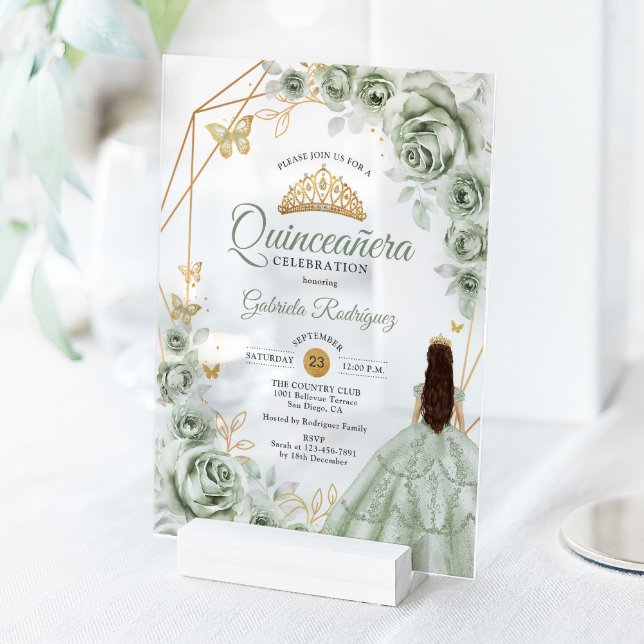 Invitaciones Acrílicas Quinceanera Sage Green Dress Floral Gold (Subido por el creador)