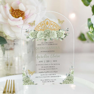 Invitaciones Acrílicas Quinceañera Sage Green Floral Gold Crown Butfly