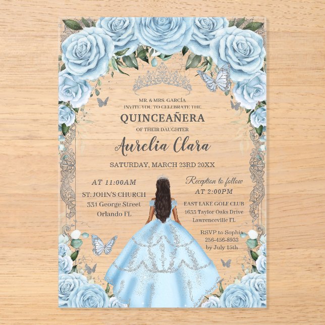 Invitaciones Acrílicas Quinceañera Sky Blue Floral Vestido Tan Princesa (Anverso)