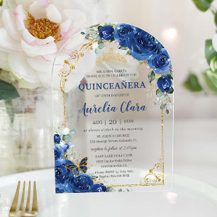 Invitaciones Acrílicas Quinceañera Sweet 16 Arco floral azul real