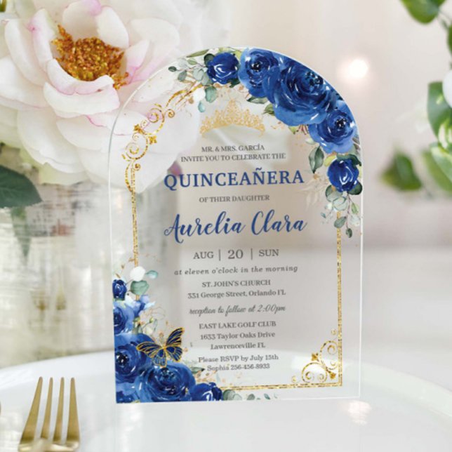 Invitaciones Acrílicas Quinceañera Sweet 16 Arco floral azul real (Subido por el creador)