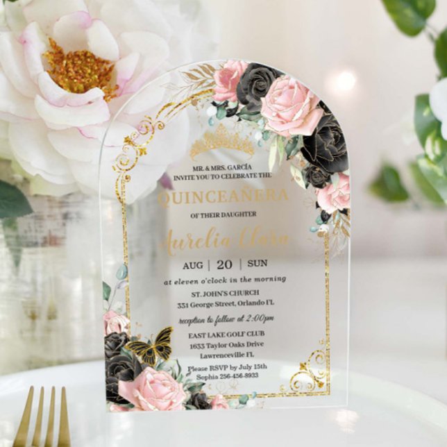 Invitaciones Acrílicas Quinceañera Sweet 16 Black Pink Floral Gold Arch (Subido por el creador)