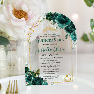 Invitaciones Acrílicas Quinceañera Sweet 16 Emerald Green Floral Gold