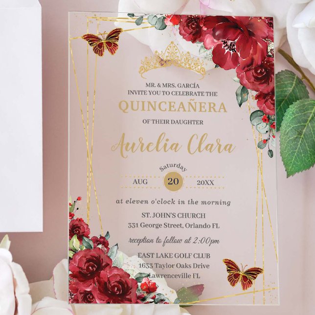 Invitaciones Acrílicas Quinceañera Sweet 16 Mariposas de Oro Floral Rojas (Subido por el creador)