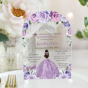 Invitaciones Acrílicas Quinceañera Sweet 16 Púrpura Lilac Floral Bata Arc