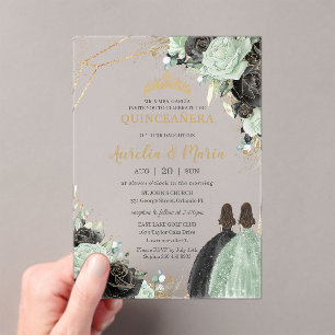 Invitaciones Acrílicas Quinceañera Sweet 16 Sage Green Floral Twins