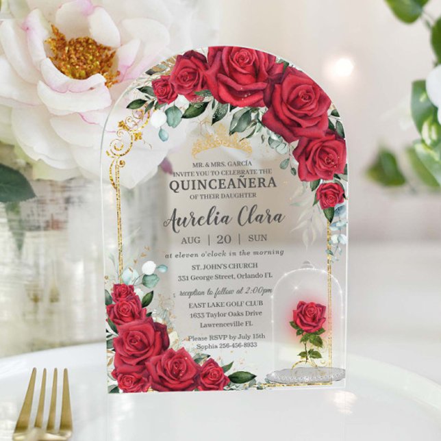 Invitaciones Acrílicas Quinceañera Sweet 16 XV Floral de rosas rojas enca (Subido por el creador)