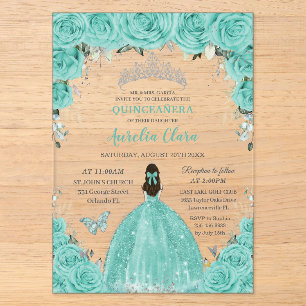 Invitaciones Acrílicas Quinceañera Turquesa Azul Floral Plata Princesa