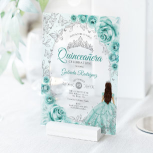 Invitaciones Acrílicas Quinceañera Turquesa Floral de Plata