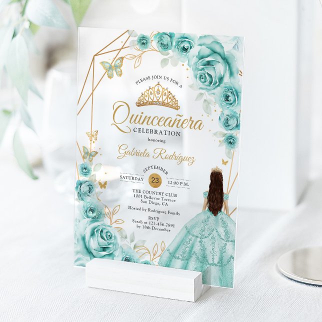 Invitaciones Acrílicas Quinceanera Turquoise Dress Floral Gold (Subido por el creador)