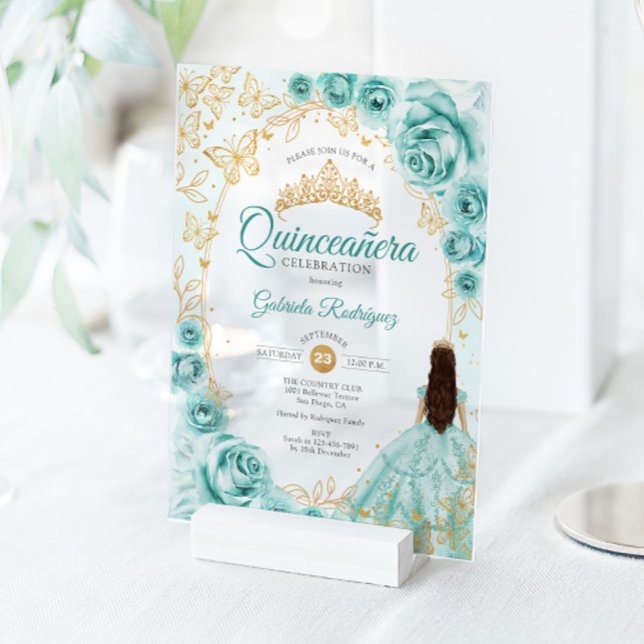 Invitaciones Acrílicas Quinceanera Turquoise Gold Floral (Subido por el creador)